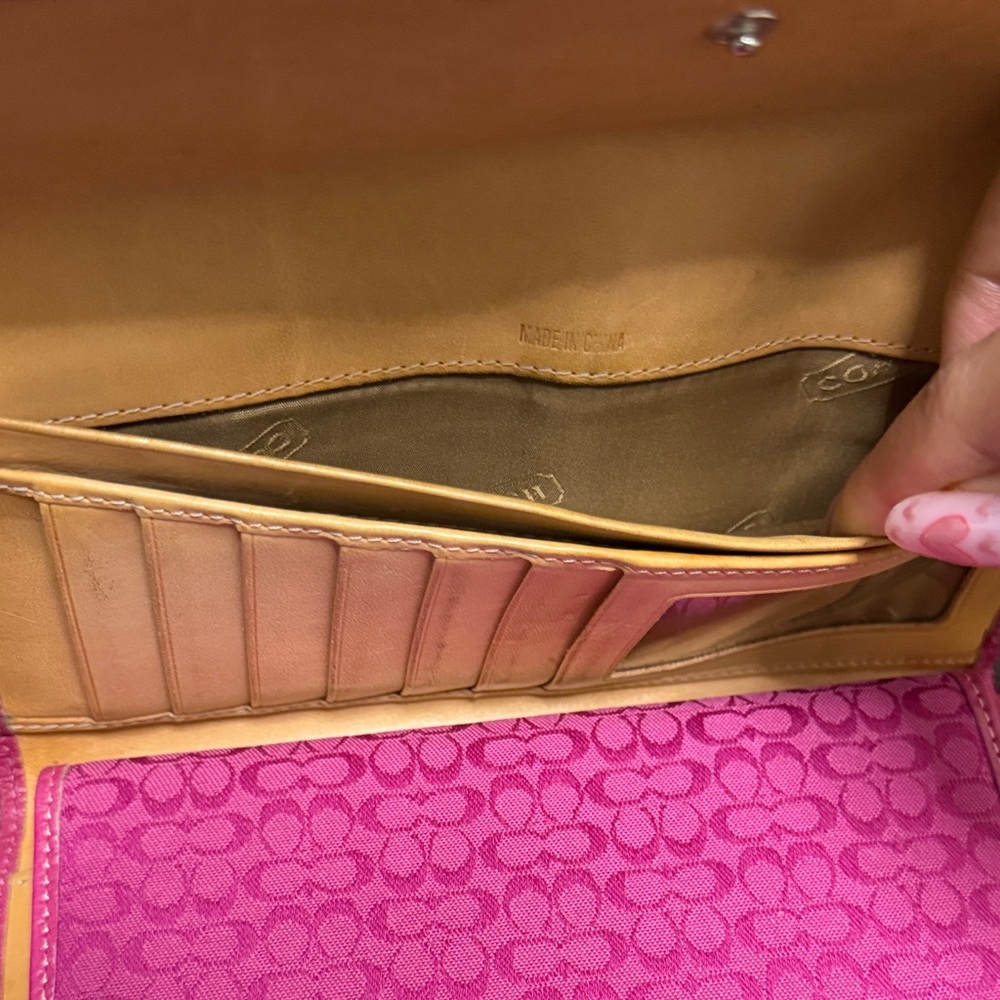 Coach Signature Canvas Leather Fuchsia Trifold Wallet with Checkbook - Picture 10 of 13